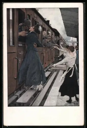 Künstler-AK Brynolf Wennerberg: Frau küsst zum Abschied am Zugfenster ihren Soldaten