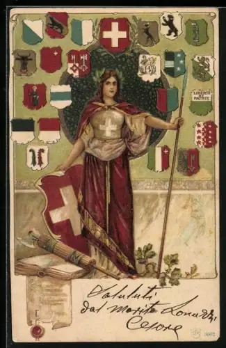 Lithographie Schweiz, Helvetia und Wappen