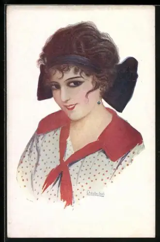 Künstler-AK sign. Chantecler: Modistilla, Spanierin im Schleife im Haar und rotem Halstuch