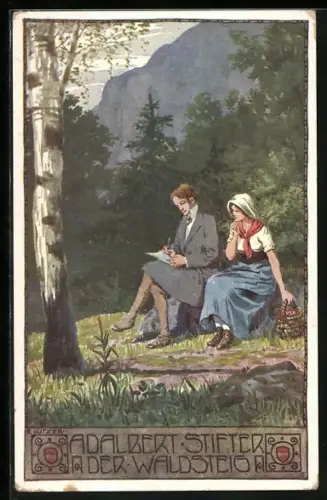 Künstler-AK Ernst Kutzer: Linz a.d. Donau, Adalbert Stifter, der Waldsteig, junges Paar auf der Waldlichtung