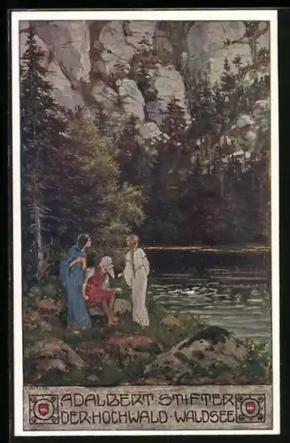 Künstler-AK Ernst Kutzer: Adalbert Stifter, Leute am Waldsee im Hochwald