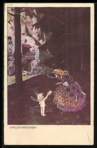 Künstler-AK Ernst Kutzer: Waldmärchen, Kleine Fee überreicht Frau im Kleid einen Brief