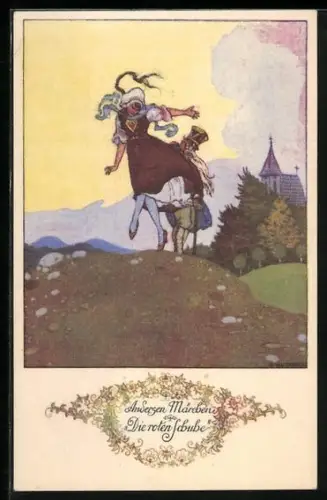 Künstler-AK Ernst Kutzer: Märchen, Die roten Schuhe, Frau tanzt mit roten Schuhen vergnügt umher