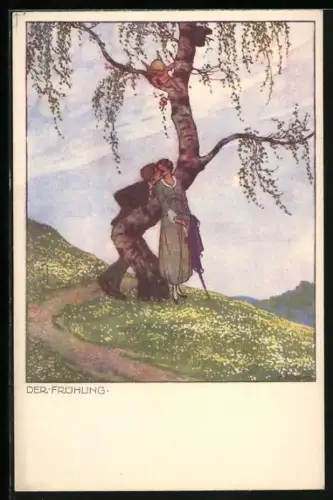 Künstler-AK Ernst Kutzer: Der Frühling, Liebespaar am Baum mit Amor