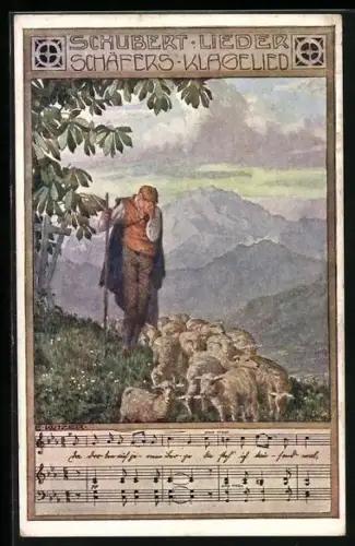 Künstler-AK Ernst Kutzer: Franz Schubert-Lieder, Schäfers Klagelied, Junger Mann weint neben seinen Schafen