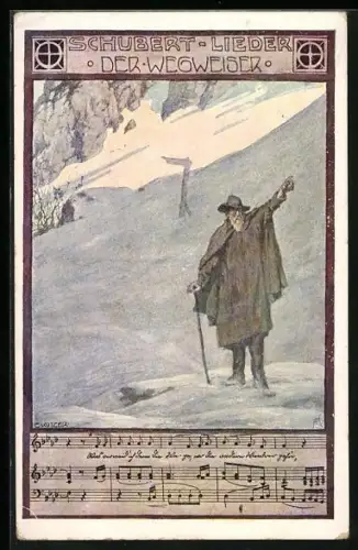 Künstler-AK Ernst Kutzer: der Wegweiser, alter Mann im Schnee