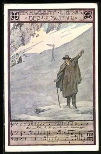 Künstler-AK Ernst Kutzer: der Wegweiser, alter Mann im Schnee