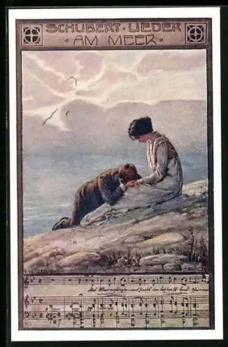 Künstler-AK Ernst Kutzer: Franz Schubert-Lieder, Am Meer, Mann liegt zu Füssen seiner Liebsten