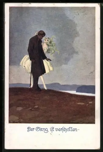 Künstler-AK Ernst Kutzer: Der Gang ist verschollen, Verdrossener Mann und fröhliche Frau, Deutscher Schulverein