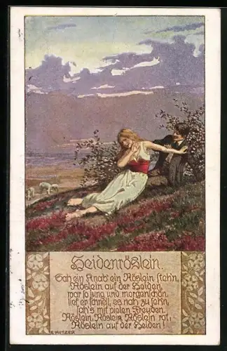 Künstler-AK Ernst Kutzer: Lied Heideröslein, Kinder auf einem Hügel
