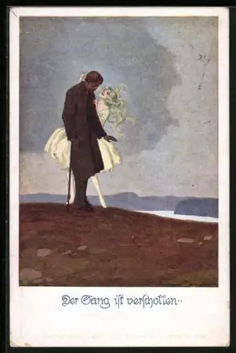 Künstler-AK Ernst Kutzer: Der Gang ist verschollen, Verdrossener Mann und fröhliche Frau, Deutscher Schulverein