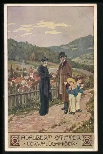 Künstler-AK Ernst Kutzer: Adalbert Stifter, Der Waldgänger, alter Mann spricht Witwe sein Beileid aus, Jungen mit Äpfeln