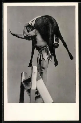 AK Milos Baros, trägt Pferd auf dem Rücken eine Treppe hinauf