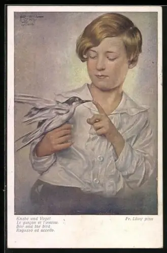 Künstler-AK sign. Fr. Löwy: Knabe und Vogel