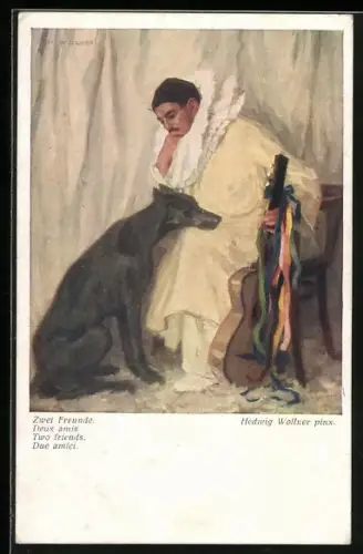 Künstler-AK Zwei Freunde, Pierrot und Dobermann