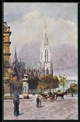 Künstler-AK R. Preuss: Wien, Votivkirche, Litfasssäule, Leute