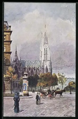 Künstler-AK R. Preuss: Wien, Votivkirche, Litfasssäule, Leute