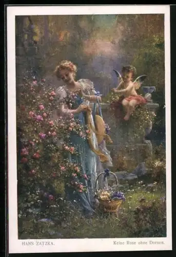 Künstler-AK Hans Zatzka: Keine Rose ohne Dornen, Dame und Amor am Rosenstrauch