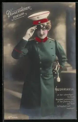 AK Dame in Uniform mit Säbel, Donnerwetter, tadellos