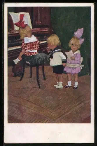 Künstler-AK Brüder Kohn (B.K.W.I) Nr.122 /4: Kleines Mädchen spielt am Klavier zwei Kleinkinder hören zu