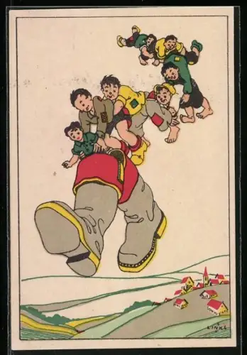 Künstler-AK Karel L.Links: Däumling marschiert mit Siebenmeilenstiefeln durch die Luft
