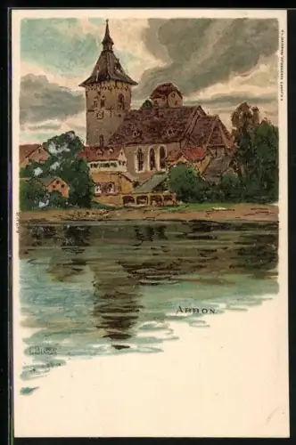 Künstler-Lithographie Carl Biese: Arbon, Blick zur Kirche