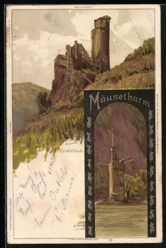 Künstler-AK C.Biese: Ruine Ehrenfels und Mäuseturm