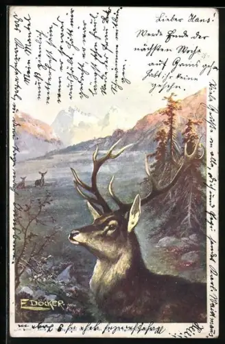 Künstler-AK E. Döcker: Gebirgsidyll mit Hirsch und Rehe