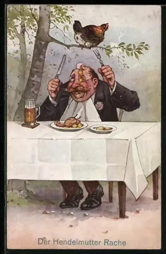 AK Der Hendelmutter-Rache, Huhn lässt ihr Ei auf den Kopf eines Hühnchenessers fallen