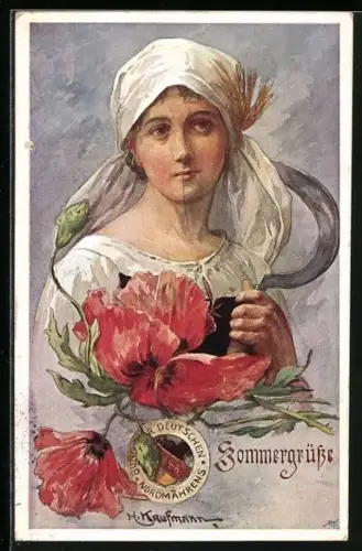 Künstler-AK Hans Kaufmann: Mädchen mit Sichel & Mohnblume