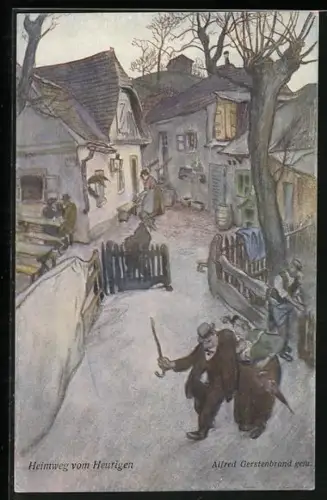 Künstler-AK Alfred Gerstenbrand: Wien, betrunkener Mann mit seiner Gattin auf dem Heimweg vom Heurigen