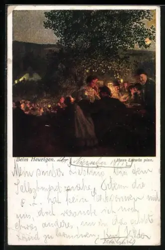 Künstler-AK Hans Larwin: Beim Heurigen, Gäste im Abendlicht