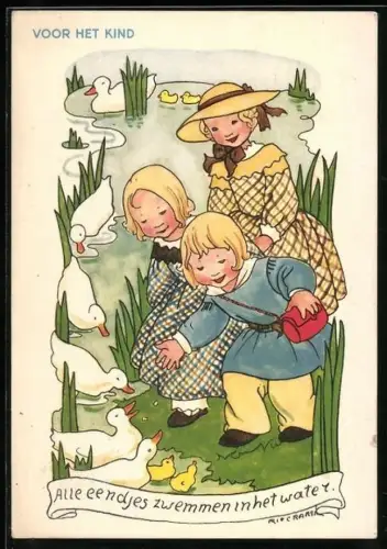 Künstler-AK Rie Cramer: Alle eendjes zwemmen inhet water, Kinder füttern Enten