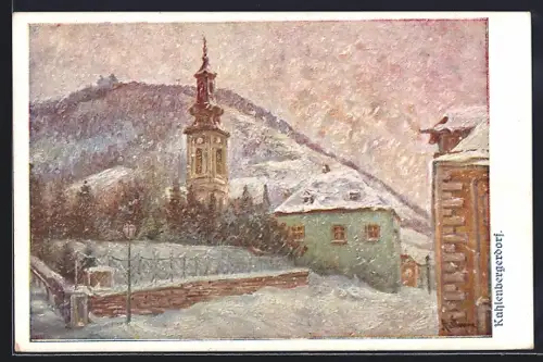 Künstler-AK Wien, Kahlenbergerdorf, Ortspartie mit Kirche