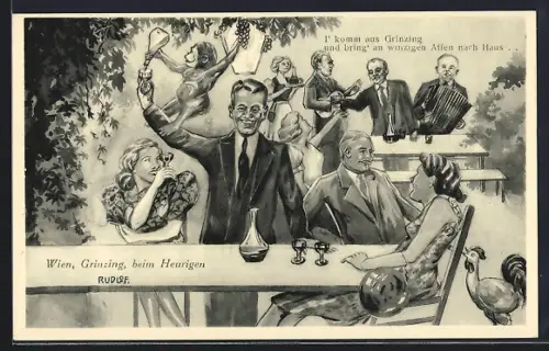 Künstler-AK Wien, In Grinzing beim Heurigen