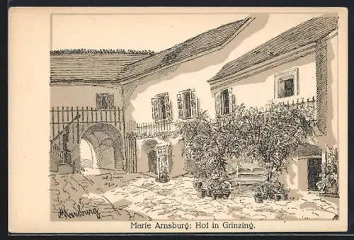 Künstler-AK Wien XIX, Grinzing, Hof mit Häusern
