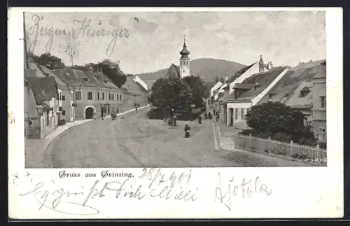 AK Wien, Grinzing, Ortspartie mit Anger und Kirche