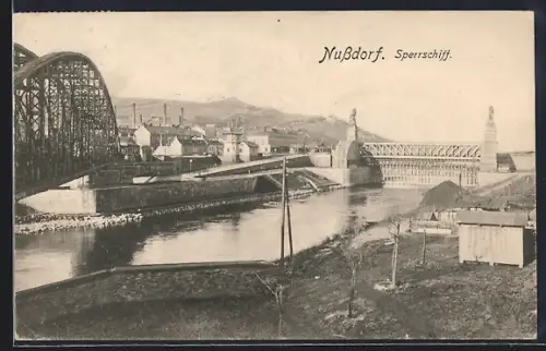 AK Wien, Nussdorf, Sperrschiff mit Blick auf den Ort