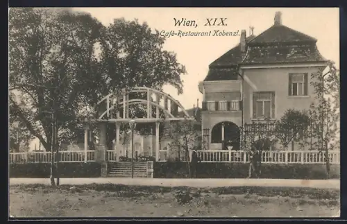 AK Wien XIX, Café-Restaurant Kobenzl Äusseres, Leute vor dem Zaun