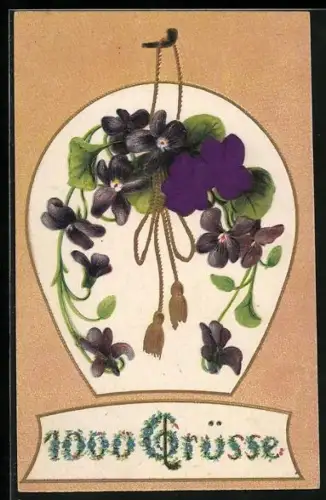 Stoff-Präge-AK Veilchen in Hufeisenform, 1000 Grüsse!