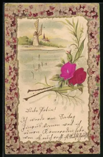 Stoff-Präge-AK Rosen und Maiglöckchen, Windmühle am Wasser