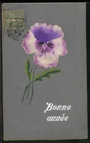 Stoff-Präge-AK Einzelnes Veilchen mit Blütenblättern aus Stoff, Bonne année