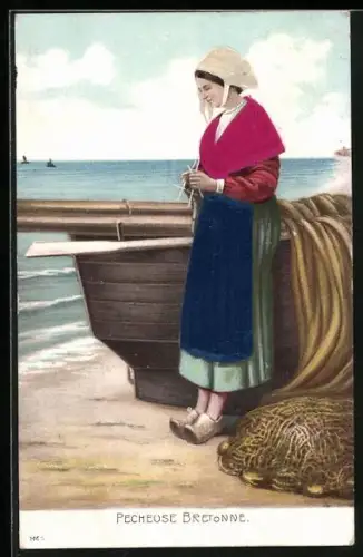 Stoff-Präge-AK Bretonische Fischerin bei einem Boot