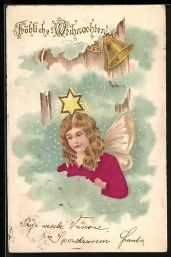Stoff-Präge-AK Weihnachtsengel mit Stern läutet eine Glocke