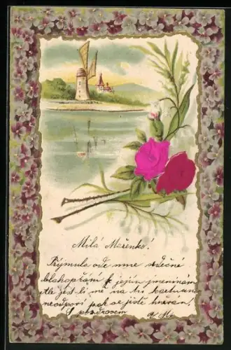 Stoff-Präge-AK blühende Rosen, Windmühle am Seeufer eingerahmt von Blumenblüten
