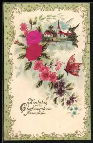 Stoff-Präge-AK Schmetterling und Rosen aus echtem Stoff