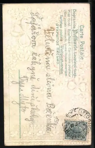 Stoff-Präge-AK Schwalbe mit Brief und Kleeblättern in Veilchen