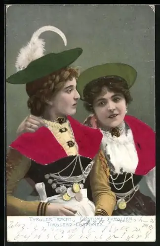 Stoff-Präge-AK Mädchen mit Freundinnen in bayerischer Tracht