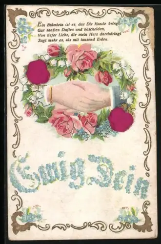 Stoff-Präge-AK Schüttelnde Hände in einem Kranz aus Rosen, Ewig Dein aus Vergissmeinnicht