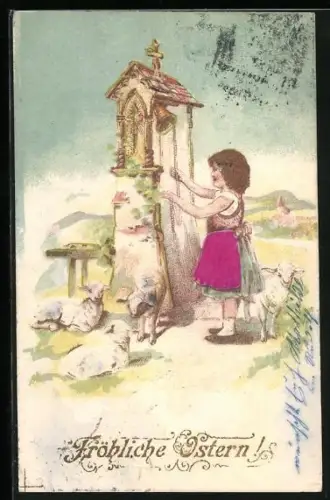 Stoff-Präge-AK Kind läutet Glocke, Lämmer auf der Wiese, Fröhliche Ostern